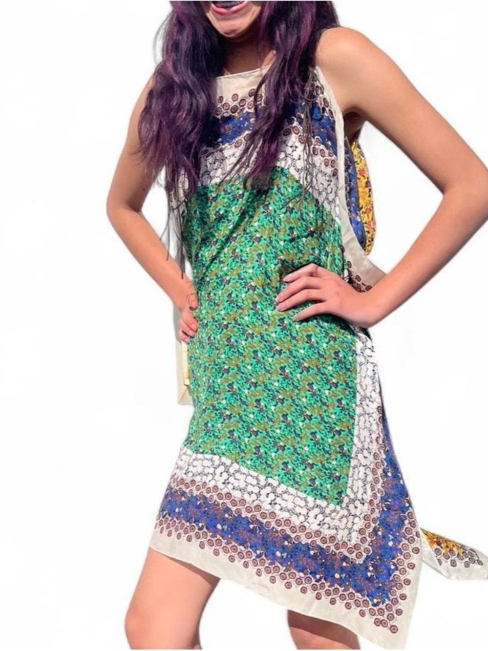 Green Floral Scarf-Print Shift Dress with leather adjustable straps